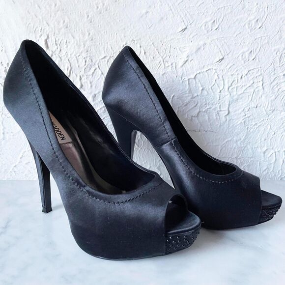 Steve Madden Feelixx Black Satin Rhinestones Peep Toe Platform Pumps Heels-8.5 - Picture 1 of 6